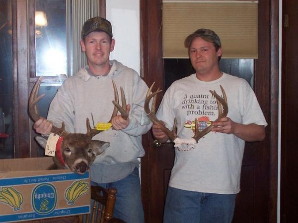 Freind of mine and our bucks from 08, hunting about 300 miles apart we both shot our best buck yet on the same day!!! was pretty cool! Eaven if his was bigger.